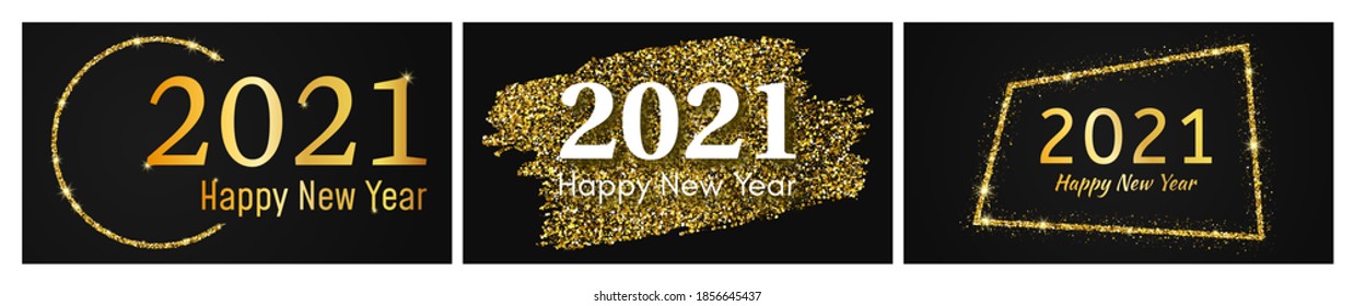 2021 Happy New Year gold background. Set of three abstract gold backdrops with a inscription Happy New Year on dark for Christmas holiday greeting card, flyers or posters. Vector illustration