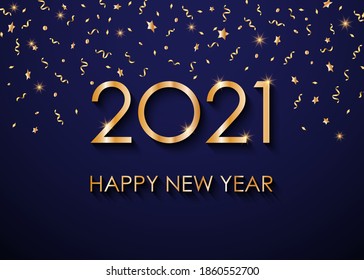 2021 Happy New Year gold text on a blue background for greeting card. Vector illustration.