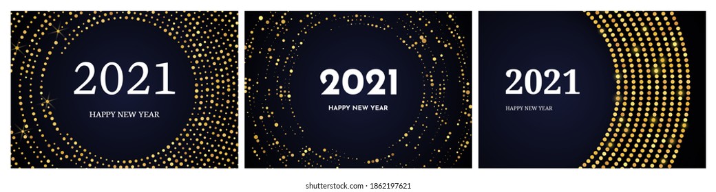 2021 Happy New Year of gold glitter pattern in circle form. Set of three abstract gold glowing halftone dotted backgrounds for Christmas holiday greeting card on dark background. Vector illustration