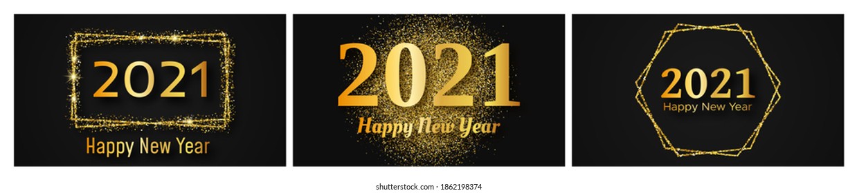 2021 Happy New Year gold background. Set of three abstract gold backdrops with a inscription Happy New Year on dark for Christmas holiday greeting card, flyers or posters. Vector illustration