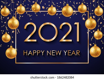 2021 Happy New Year gold text on blue background. Vector illustration.