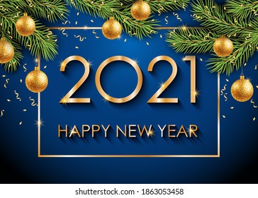 2021 Happy New Year gold text on blue background. Winter background. Christmas tree, christmas balls. Vector Illustration.