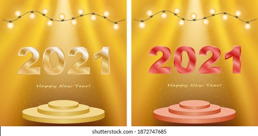 2021 Happy new year. Gold greeting card design. A set of two shining pattern. Happy New Year banner with numbers 2021 on bright gold background. Vector illustration