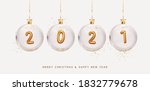 2021 Happy New Year. Golden metal number in glass bauble, Christmas decoration. Realistic 3d render metallic sign. Xmas Poster, banner, cover card, brochure flyer, layout design. Easy to edit for 2022