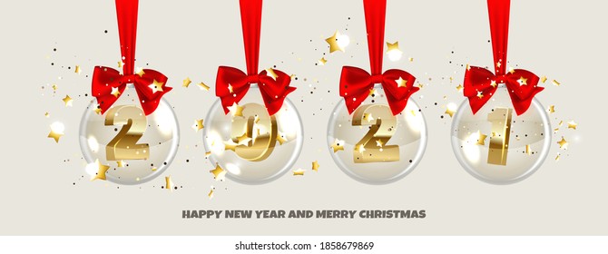 2021 Happy New Year. Golden metal number in glass bauble, Christmas decoration. Realistic 3d render metallic sign. Celebrate party 2021.