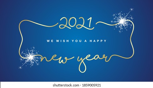 2021 Happy New Year golden vintage frame handwritten lettering tipography line design sparkle firework blue background banner