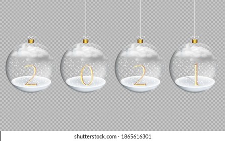 2021 Happy New Year. Golden metal number in glass bauble, Christmas decoration. Realistic 3d render metallic sign. Celebrate party 2021. Xmas Poster, banner, cover card, brochure, flyer, layout design