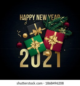2021 Happy New Year greating banner. Flat lay composition with gift boxes, baubles, snowflakes, tree branches, serpantine and confetti on black background. Top view. Vector illustration.