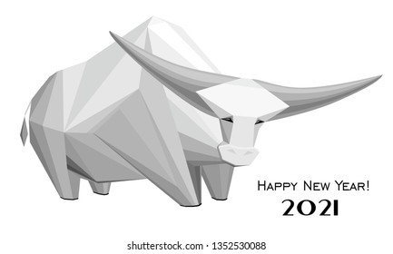 2021 Happy New Year greeting card. Celebration white background with Ox and place for your text. Graphic icon of Chinese Year of the Ox 2021. Horizontal banner. Lunar horoscope sign. Vector 