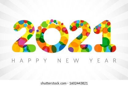 2021 A Happy New Year greeting card. Xmas white background. Holiday confetti numbers and text. Coloured logotype. Abstract isolated graphic web design template. Calender title. Creative digits 0, 1, 2