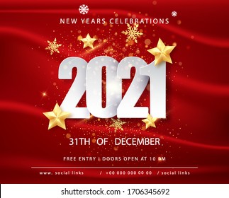 2021 Happy New Year Greeting Card with Confetti Frame on Red Background. Vector Illustration. Merry Christmas Flyer or Poster Design