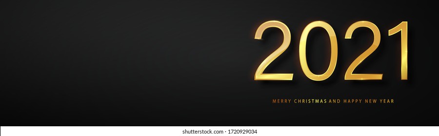 2021 Happy New Year greeting card gold and black background. Black New Year banner. Cover of business diary for 2021 with wishes. Brochure design template, card, banner.