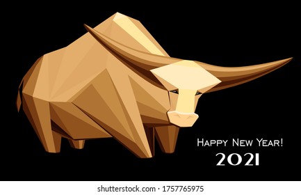 2021 Happy New Year greeting card. Celebration black background with Ox and place for your text. Graphic icon of Chinese Year of the Ox 2021. Horizontal banner. Lunar horoscope sign. Vector