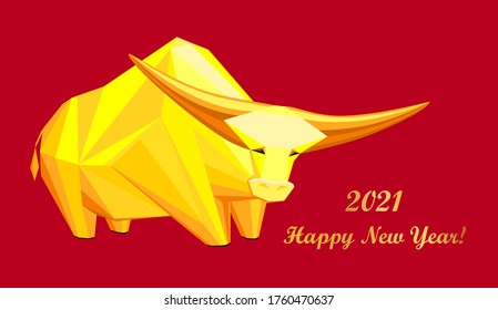 2021 Happy New Year greeting card. Celebration red background with gold Ox and place for your text. Graphic icon of Chinese Year of the Ox 2021. Horizontal banner. Lunar horoscope sign. Vector