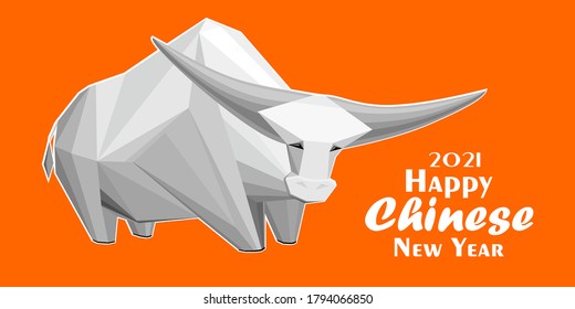 2021 Happy New Year greeting card. Celebration orange background with Ox and place for your text. Graphic icon of Chinese Year of the Ox 2021. Horizontal banner. Lunar horoscope sign. Vector 
