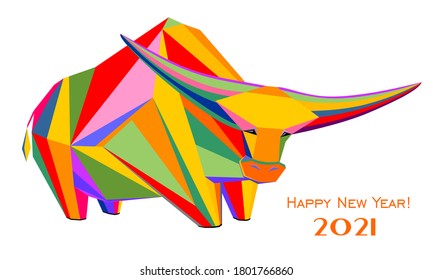 2021 Happy New Year greeting card. Celebration white background with gold Ox and place for your text. Graphic icon of Chinese Year of the Ox 2021. Horizontal banner. Lunar horoscope sign. Vector