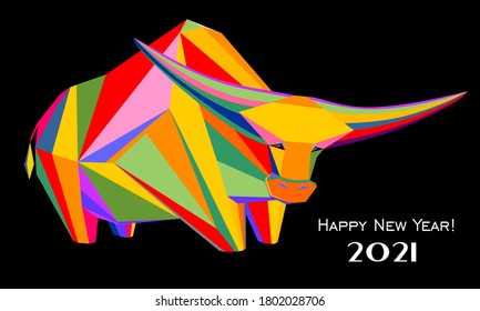 2021 Happy New Year greeting card. Celebration black background with gold Ox and place for your text. Graphic icon of Chinese Year of the Ox 2021. Horizontal banner. Lunar horoscope sign. Vector