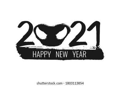 2021 Happy New Year greeting card frame. Chinese ink brush black numeral calligraphy. Grunge number hand drawn font and black bull nose on white background. Vector illustration