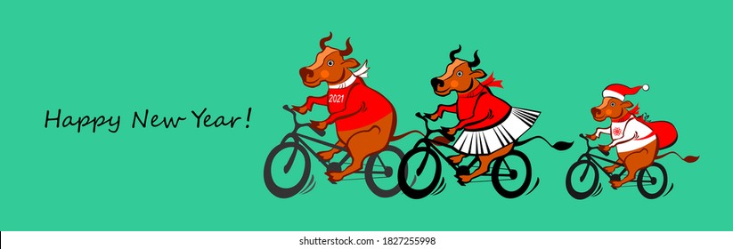 2021 Happy New Year greeting card. Celebration background with Ox and place for your text. Graphic icon of Chinese Year of the Ox 2021. Horizontal banner. Lunar horoscope sign. Vector Illustration 