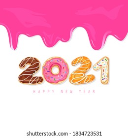 2021 Happy New Year. 2021 Greeting card with donuts and dripped liquid pink caramel, paint. Sweet vector illustration with colorful holiday label isolated on white background