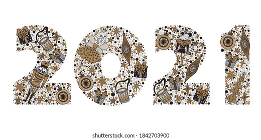 2021 Happy New Year greeting card design. Vector winter holiday illustration with  2021 numbers Christmas illustration with motifs from the Nutcracker ballet. Silver and gold colors.