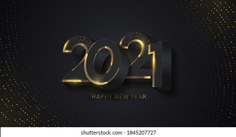 2021 Happy new year greeting banner. Happy New Year 2021 Shining background. Holiday vector illustration of black numbers and sparkling glitters pattern. Festive poster or banner design.