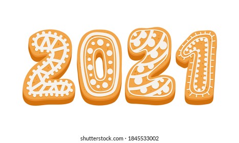 2021 Happy New Year Greeting Typography for Card with Gingerbread Cookie Isolated on White Background. Winter Season Holidays Congratulation, Creative Design Element. Cartoon Vector Illustration, Icon