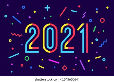 2021, Happy New Year. Greeting card with inscription Happy New Year 2021. Memphis geometric bright style for Happy New Year or Merry Christmas. Holiday background, banner, poster. Vector Illustration