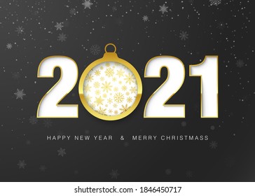 Grußkarte 2021 für glückliches Neujahr. Gold Papier geschnitten Weihnachtsball und Grußtext. Dekorationsdesign für Urlaubsscanner und Einladung. Vektorgrafik