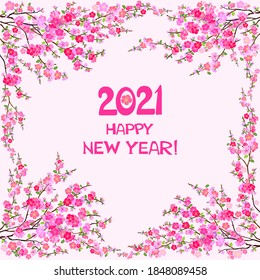 2021 Happy New Year greeting card. Celebration white background with pink flowers and place for your text. Cherry blossom. Sakura.  Element for New Year's design. Tag Label. Vector Illustration