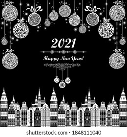 2021 Happy New Year greeting card. Christmas card. Celebration background with Christmas Landscape, Christmas tree, balls and place for your text. Winter holidays. Vector illustration