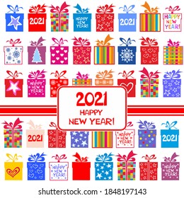 2021 Happy New Year. Greeting card. Winter holidays. Celebration white background with Christmas tree, gift boxes and place for your text.  Good for cards, posters and banner design. Sale.