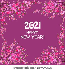 2021 Happy New Year greeting card. Celebration background with pink flowers and place for your text. Cherry blossom. Sakura.  Element for New Year's design. Tag Label. Vector Illustration