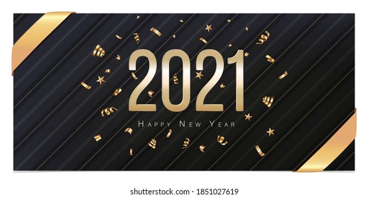 2021 Happy New Year Greeting Card. Gold confetti and numbers on black background. Flyer, poster, voucher, invitation or banner. Succinct luxury design