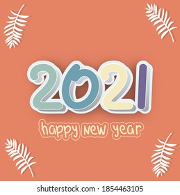 2021 A Happy New Year greeting card. Xmas orange background. Holiday confetti numbers and text. Colour logotype. Abstract isolated graphic web design template.