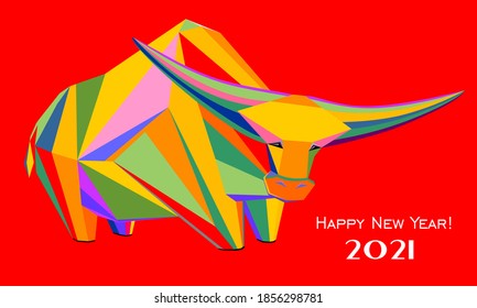 2021 Happy New Year greeting card. Celebration red background with Ox and place for your text. Graphic icon of Chinese Year of the Ox 2021. Horizontal banner. Lunar horoscope sign. vector