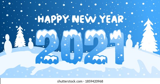 2021 Happy new year greeting banner. Happy New Year 2021 New Year with snow and Christmas tree background