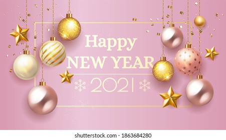 2021 Happy new year.  Greeting card Elegant pink Shining  background Happy New Year Banner  Numbers 2021 and Christmas balls, stars xmas celebration composition. Vector illustration decoration element