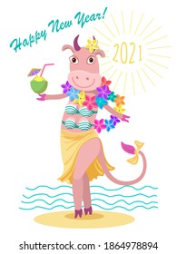 2021 Happy New Year greeting card, beach party invitation. Cute cartoon cow in a floral garland of colorful frangipani flowers on the seashore. Tee shirt print, postcard 