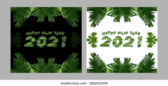 2021 Happy new year greeting banner. Happy New Year 2021 New Year with the theme of tropical plant banana leaves plants illustration in vector collage