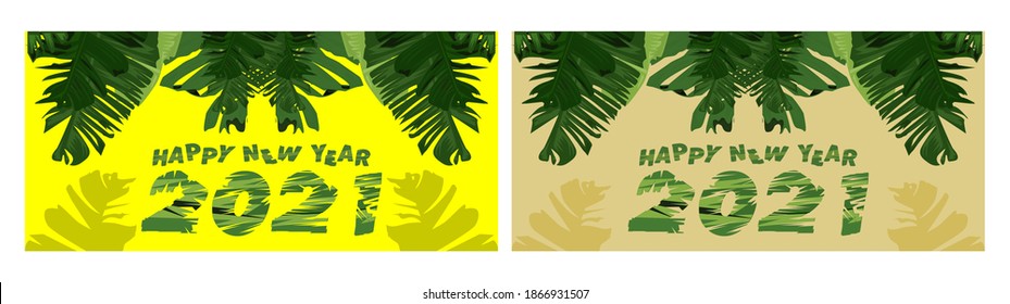 2021 Happy new year greeting banner. Happy New Year 2021 New Year with the theme of tropical plant banana leaves plants illustration in vector collage