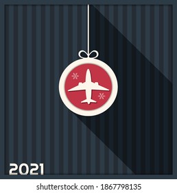 2021 Happy New Year Greeting Card With Christmas Ball And Airplane
