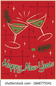 2021 Happy New Year Greeting Card, Mid Century Modern Posters Stylization, Cocktails and Tree Branches 