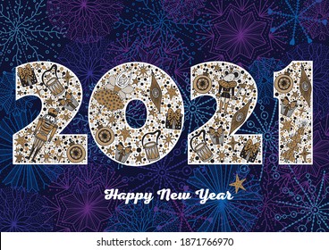 2021 Happy New Year greeting card design. Vector winter holiday illustration with  2021 numbers Christmas illustration with motifs from the Nutcracker ballet. Silver and gold colors.