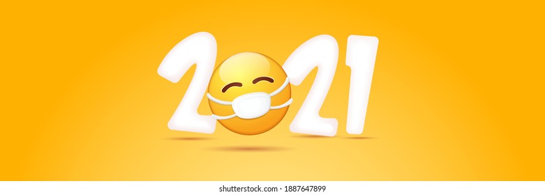 2021 Happy new year greeting horizontal banner with smile face Emoji sticker with mouth medical protection mask and 2021 numbers isolated on orange background.