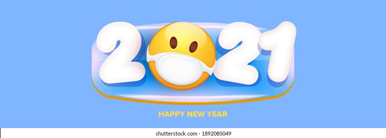 2021 Happy new year greeting horizontal banner with smile face Emoji sticker with mouth medical protection mask and 2021 numbers isolated on soft blue background.