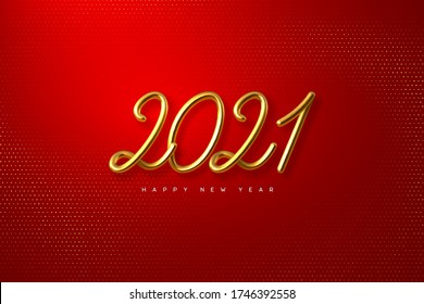 2021 Happy New Year. Hand writing golden metallic numbers 2021. 3d sign on red glitter spotted background. Vector illustration.