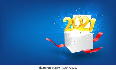 2021 Happy New Year holiday banner. Vector illustration with golden numbers and gift box with red ribbons. Merry Christmas and Happy New Year holiday symbol template.
