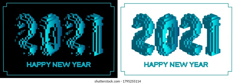 2021 Happy new year for holiday modern design with isometric numbers. Isolated on white and dark background.  Christmas techno party concept with abstract rectangles. Pixel art vector