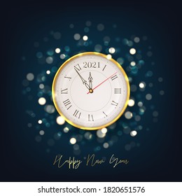 2021 Happy New Year holiday card. Vector illustration with realistic wall clock and effect bokeh on dark background. Holiday greeting card.
